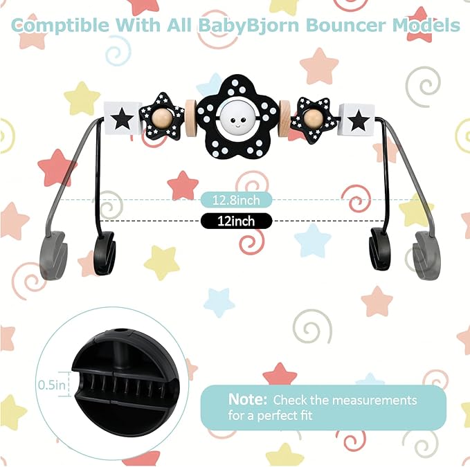 Wooden Baby Bouncer Toy Bar Attachment, Sensory Toy for Newborn to Toddler Boys Girls, Easy Install & Remove, Baby Bjorn Compatible (Black)