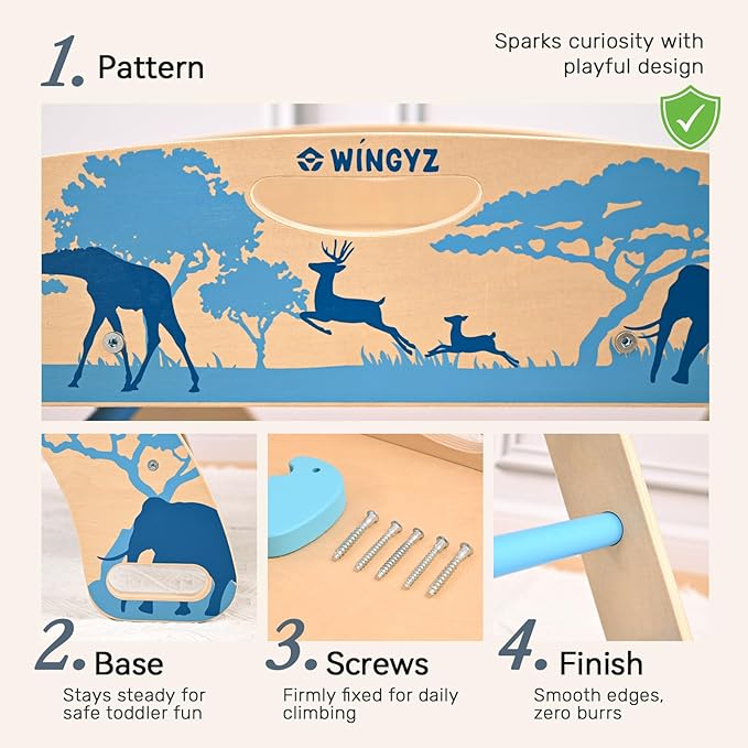 WINGYZ Pikler Triangle Set, Montessori Foldable 8-in-1 Jungle Gym with Reversible Animal Slide, Patent-Protected Climbing Set, Safe 2.35" Gap ASTM F963 Standards for Toddlers 18 Months-7 Years (Blue)