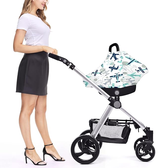 Baby Car Seat Stroller Covers Airplane Collection Nursing Cover Breastfeeding Scarf Soft Breathable Stretchy Infant Car Canopy Coverage Carseat Cover for Boys and Girls Multi Use