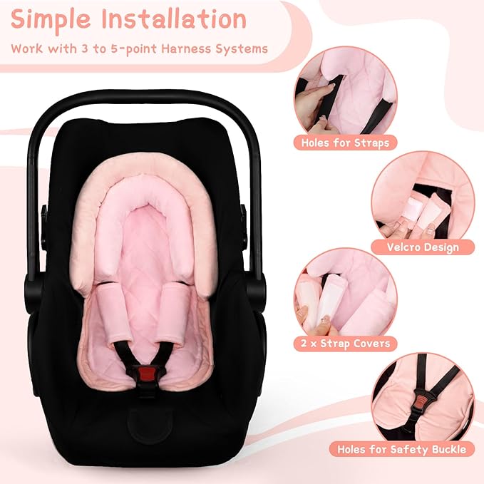 Baby Car Seat Head Body Support & Strap Covers, 2 in 1 Infant Car Seat Insert, Reversible Soft Breathable Newborn Cushion Pads for Preemie, Perfect for Baby Carseats, Strollers, Swings (Light Pink)