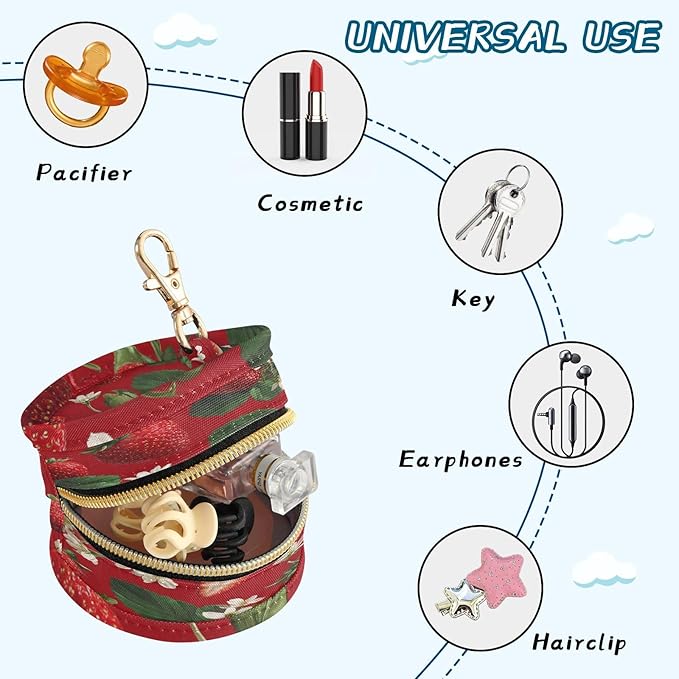 Pacifier Holder with Clip Pacifier Case for Diaper Bag Round Baby Pacifier Pouch Box Bag Portable Red Strawberries Flowers
