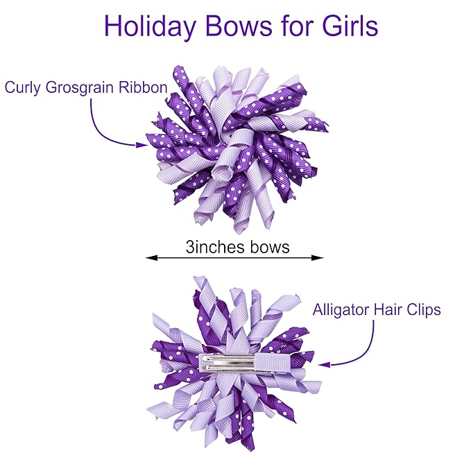 Yxiang 2PCS Purple Korker Bows for Girls 3'' Curly Bow Hair Clip Ribbon Ponytail Bows Alligator Clip Hair Barrette for Girls Toddlers Kids