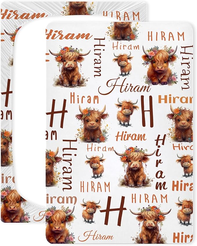 Personalized Name Pack and Play Sheets for Baby Boy Girl, Customized Pack n Play Sheets with Name, Custom Stretchy Mini Crib Mattress Fitted Sheets, Playard Playpen Sheet, Highland Cow Cattle
