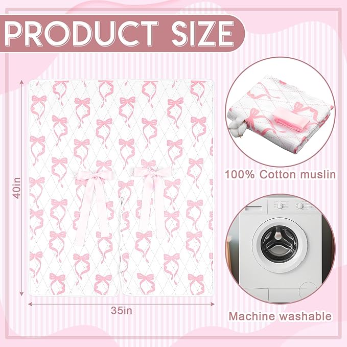 Tegeme 2-in-1 Pink Bow Muslin Baby Car Seat Cover Breathable Multi-use Nursing Infant Car Seat Cover Windproof Canopy for Breastfeeding Strollers Carriers