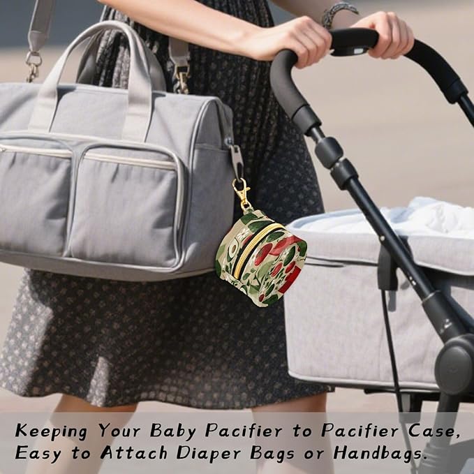 Pacifier Holder with Clip Pacifier Case for Diaper Bag Round Baby Pacifier Pouch Box Bag Portable Avocados Tomatoes Floral Leaves Beige