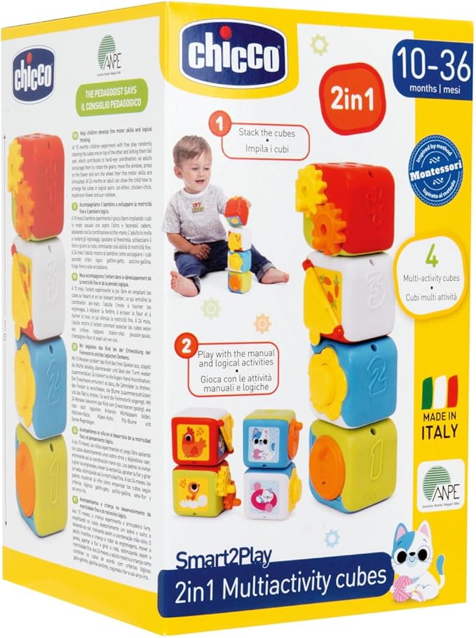 Chicco Set of 4 Colourful Animal Blocks Stacking for Sensory Pleasure, Crafts and Logic Activities Toys for Kids, 10-36 Months