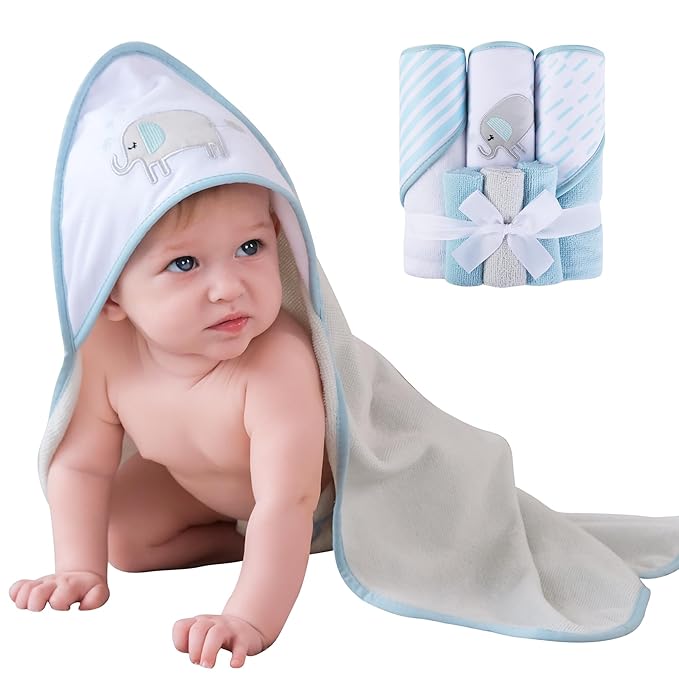 Viviland Baby Towels and Baby Wash Cloths Set Hooded Baby Towels Baby Wipes Absorbent Bath Face Towels Burp Cloths or Face Towels for Girl Boy 6-Pack Size 28 x 28 Inch(Blue Elephant)