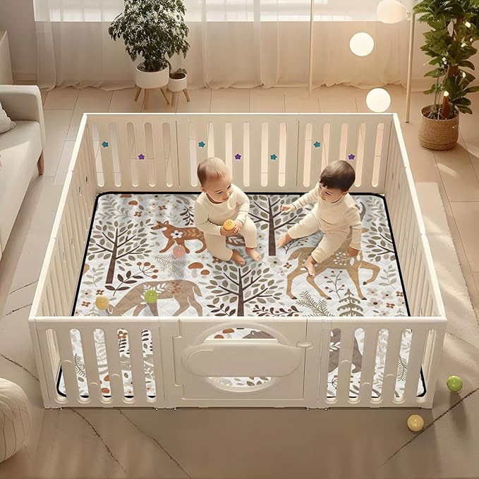 Baby Play Mat Woodland Fox Deer Trees Leaves 50 x 50 Playpen Mat Baby Play Mats for Floor Play Gym Crawling Mat Non-Slip Cushioned Baby Playmat for Infants, Babies, Toddlers