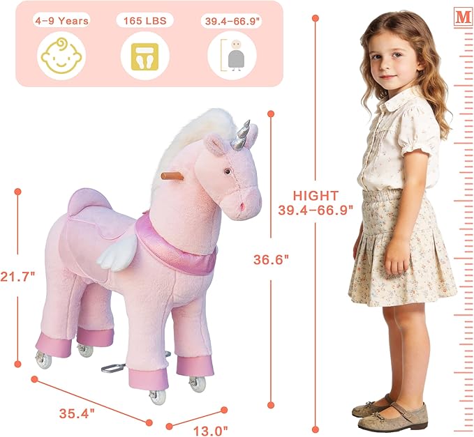 Ride on Unicorn Toys for Kids, Ride on Toy for Girls 4 to 9 Years Old, 36.6'' Height Riding Horse Rider Mechanical Walking Action Plush Animal, No Battery or Electricity, Max Load 165LBS - Pink