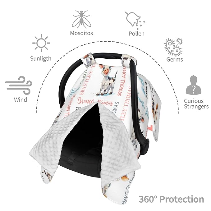 Custom Baby Car Seat Canopy Personalized Car Seat Covers with Name for Baby Boys Girls Customized Cow Nursing Breastfeeding Cover Infant Carseat Canopies Newborn Minky Baby Blanket