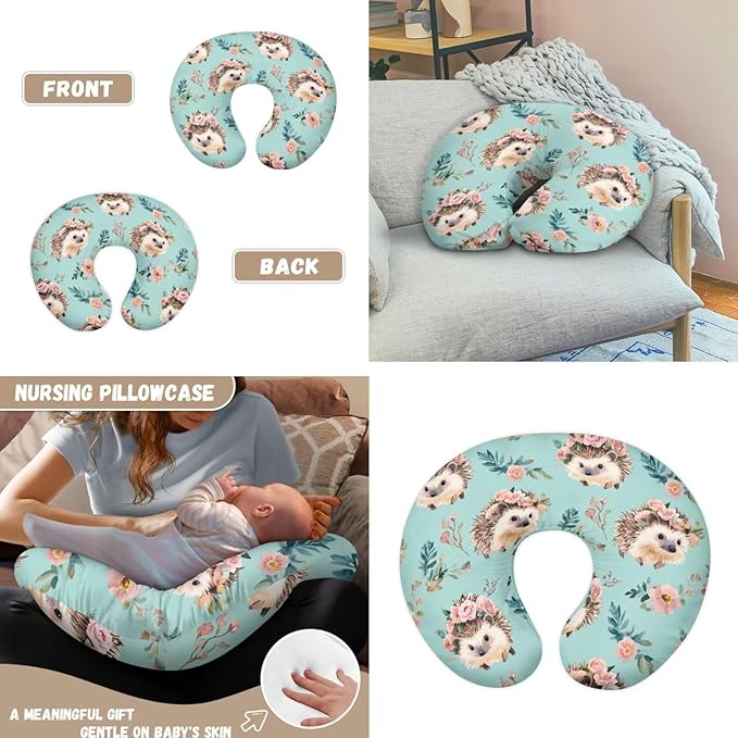 Mint Green Carseat Canopy Floral Hedgehogs Multi-use Breastfeeding Scarf Newborn Breastfeeding Pillow Slipcover Detachable Nursing Pillow Protective