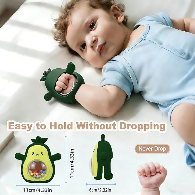 HAILI XMGQ Baby Teething Toys for 3-6 6-12 Months, Avocado Teething Mitten with Rattle, Food Grade Silicone Wrist Hand Teether for Teething Relief Newborn Chew Toys