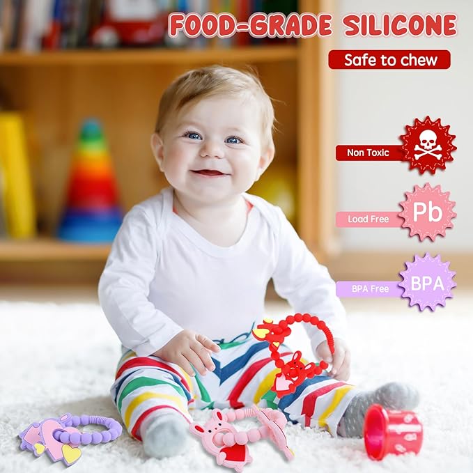 Valentine Teething Toys, Silicone Baby teethers 0-6 Months Easy for Little Hands to Hold, Cupid and Heart Rabbit for Valentine's Day Baby Teething Toys