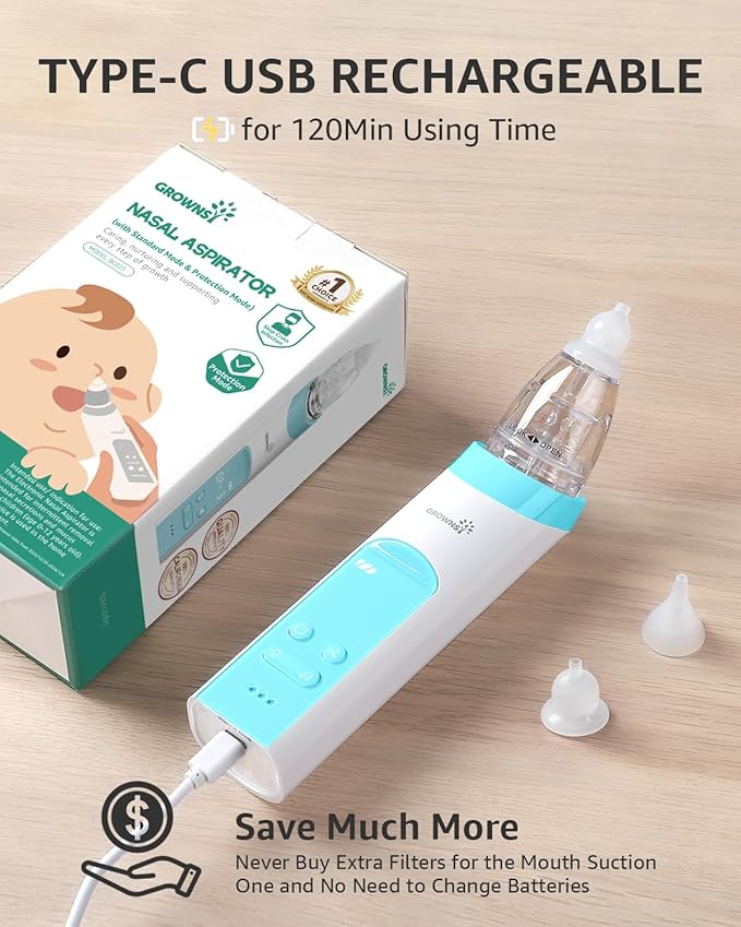 GROWNSY Nasal Aspirator for Baby with Protection Mode, Electric Nose Suction for Baby, Automatic Baby Nose Sucker with 3 Silicone Tips, Adjustable Suction Level, Music and Light Soothing Function