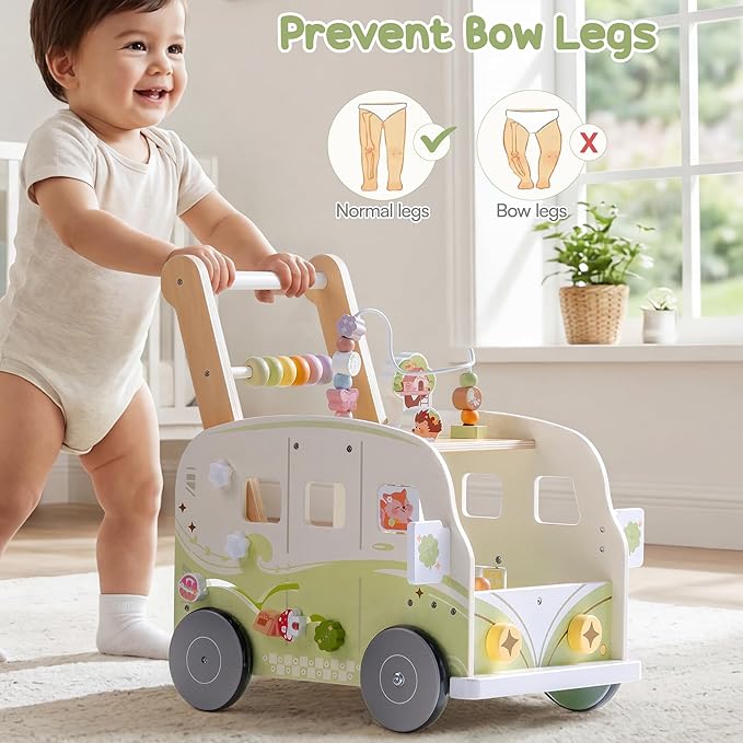 ROBOTIME Wooden Baby Walker, Baby Push Walker, Ajustable Speed Multi-Functional Baby Walker with Wheels for Babies Learning to Walk, Sit-to-Stand (Green)