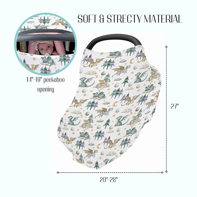 Baby Boy 5-in-1 Car Seat Cover Watercolor Dragon Tale, Multi-use Privacy Nursing Breastfeeding Cover, Carseat Canopy Carrier Newborn Infant Gift