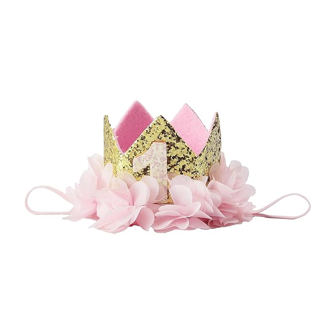 Nishine Gold Glitter Crown Headband Pink Flower Crown Tiara Hairband for Baby Birthday Party Supplies Photo Props (Chiffon& 1)