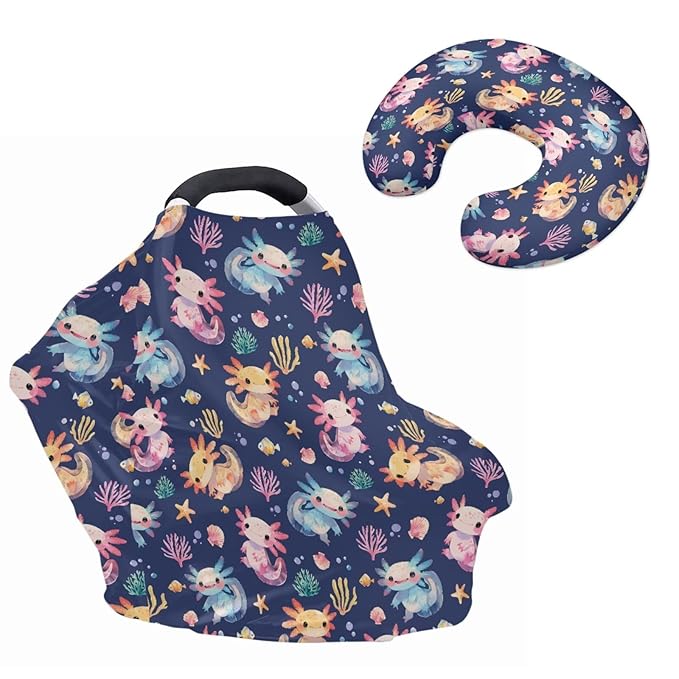 Axolotls Carseat Canopy for Babies Multi-use Nursing Carseat Canopy Nursing Pillow Cover for Baby Boy Girl Breastfeeding Essentials Coral