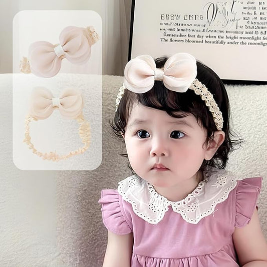 Cute Lace Bow Baby Girls Headbands Large Knot Hair Band Soft Chiffon Hairband Elastic Shower Hair Accessories for Newborn Infant Toddler Kids (Off White C, Elastic)