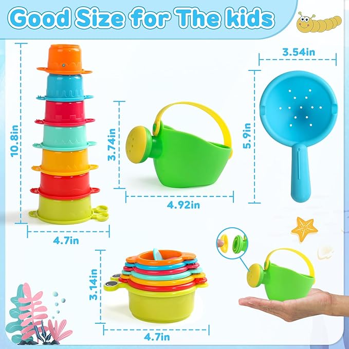 Beach Toys for Toddlers 1-3 Bath Toys Sand Pool Water Table Toys Mold Free Bathtub Toys for 12+ Months Stacking Cups Showerhead Spoon for 1 2 3 4 5 6 Years Old Girls Boys Gifts 9PCS