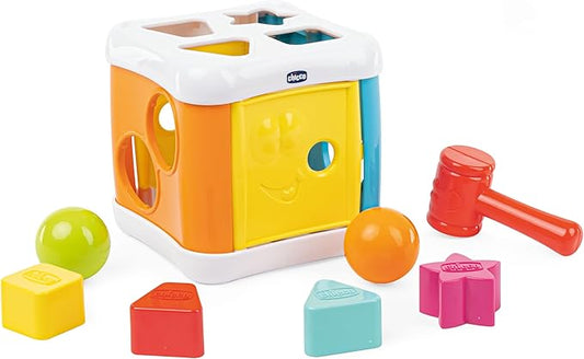 Chicco Cube with Stroke and Hammer 2 in 1, Game Shapes and Rods for Children with 4 Geometric Shapes, 2 Balls and Hammer, Multifunctional Dice - Educational Game 10 Months - 3 Years