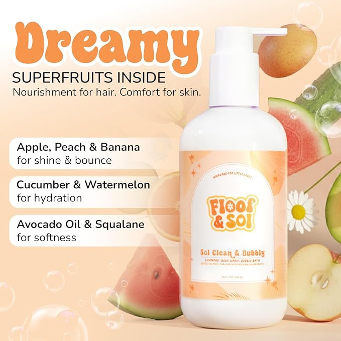 floof & sol Sol Clean & Bubbly Baby Shampoo and Body Wash 10 oz – Tear-Free Head-to-Toe Cleanser for Newborns, Kids & Toddlers with Avocado Oil & Superfruit Extracts