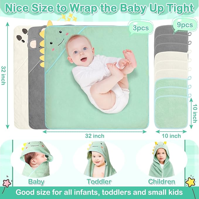 Sublaga 12 Pcs Baby Towels and Washcloths Set, Hooded Baby Towel, Soft and Absorbent Baby Bath Towels, 3 PCS Cute 32x32 in Baby Towel with Hood and 9 Pcs Baby Washcloths for Boys and Girls