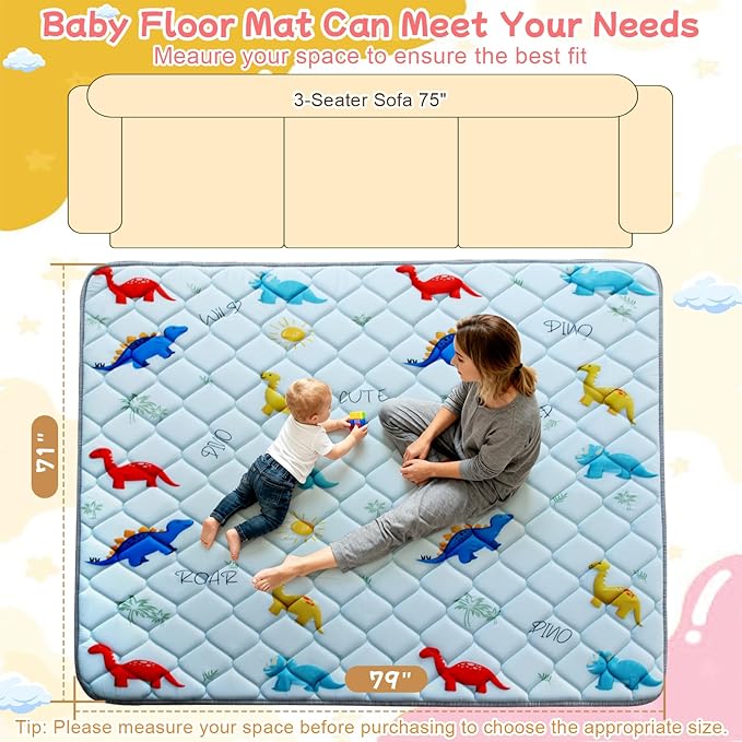 Baby Play Mat for Floor: 79" x 71" Playpen Mat - Thicker & Large Soft Cushioning Padding Foam Playmats for Babies and Toddlers - Machine Washable Non-Slip Baby Crawling Mats, Dinosaur Designs