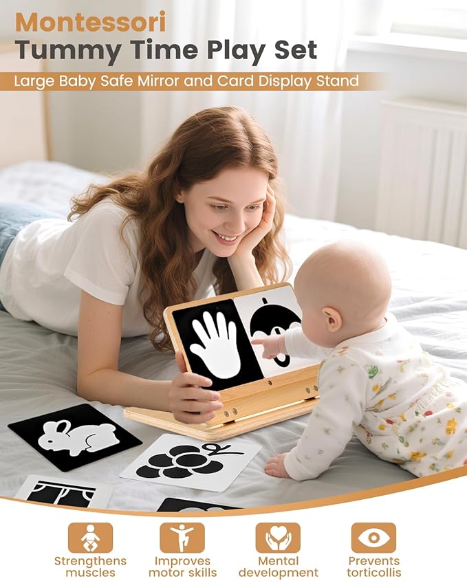 Tummy Time Mirror for Baby Montessori Baby Floor Mirror with High Contrast Black and White Cards Infant Safe Mirror Toy for Newborn