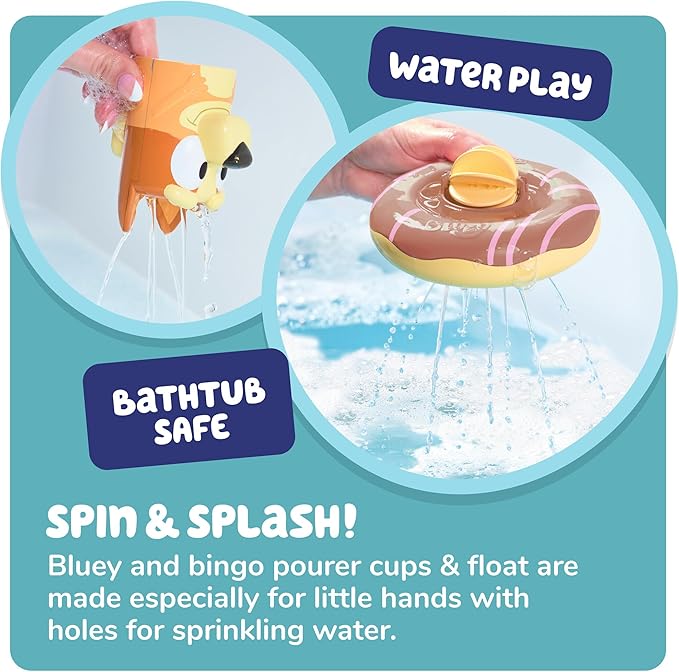 TOMY Toomies Splash & Float Bingo and Bluey Water Toys - 2-in-1 Toddler Bath & Pool Play Set with Pour Cups & Water Wheels - Ages 18 Months+
