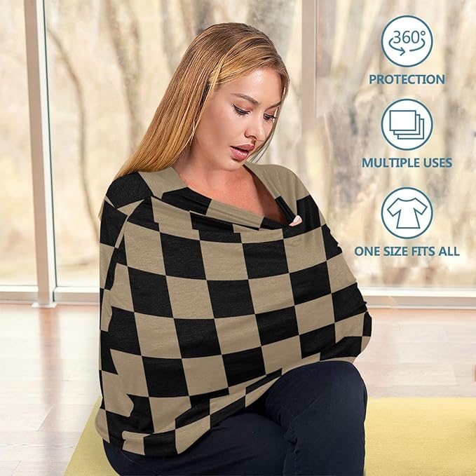 Retro Black Checkered Baby Car Seat Covers Geometric Square Plaid Carseat Canopy Soft Infant Stroller Cover Nursing Breastfeeding Covers for Girls Boys Newborn Fit Summer Spring Autumn