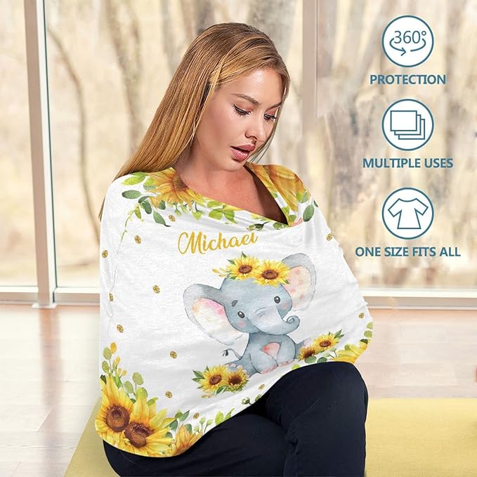 Personalized Baby Car Seat Covers with Name, Custom Nursing Cover Breastfeeding for Babies, Carseat Canopy for Girls and Boys, Infant Stroller Cover, Breathable Carseats Cover (Elephant Sunflower)