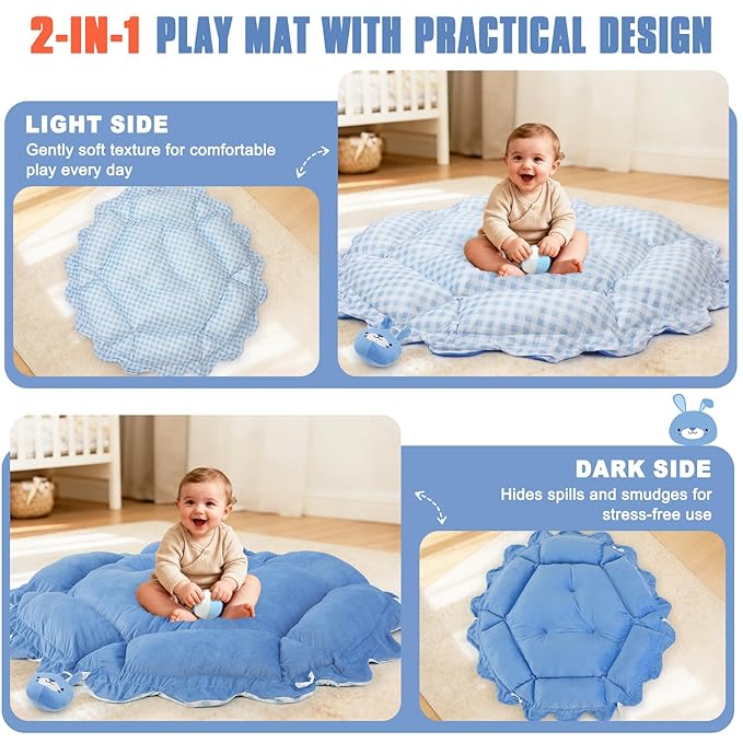 5-in-1 Baby Gym Play Mat with Cartoon Pattern, Extra Thick Plush Tummy Time Activity Gym with Hanging Toys, Sensory Development & Motor Skills Training Floor Mat, Blue