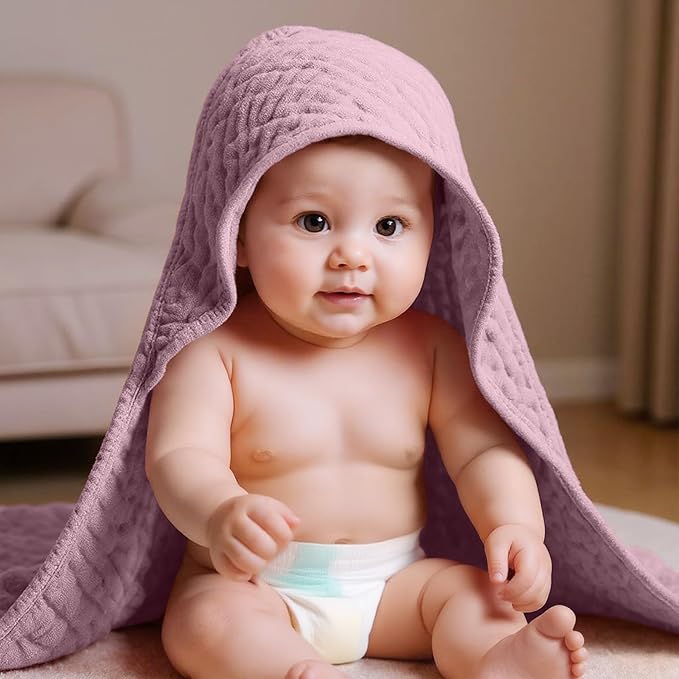 VitalCozy 6 Pcs Baby Muslin Hooded Bath Towels and Washcloths, Muslin Hooded Baby Towels Absorbent Blankets for Gift Newborn Infant Shower (Mauve,Peach Pink)