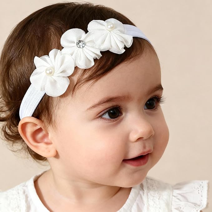 Baby Girls Hairband White Bow Lace Headbands Handmade Soft Stretchy Wide Head Band Newborn Hairbands with Bows Pearls Elastic Headband for Infant Hair Accessories（Three Flowers）