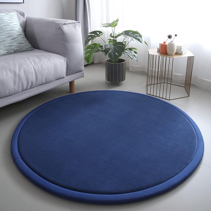 Loartee Thick Kids Round Rug - Coral Velvet Area Rugs, Memory Foam Circular Carpet for Nursery Playroom Home Decor Dormitory, Diameter 47 inch, Dark Blue
