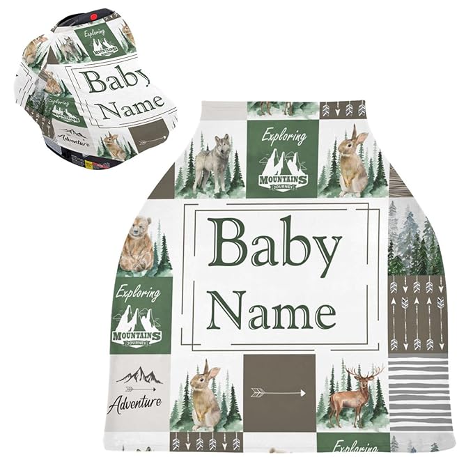 Personalized Multiuse Baby Car Seat Covers for Boys Girls, Custom Name Carseat Canopy, Nursing Breastfeeding Scarf, Gift for Newborn Babies, Infant Stroller Cover, Woodland Animal