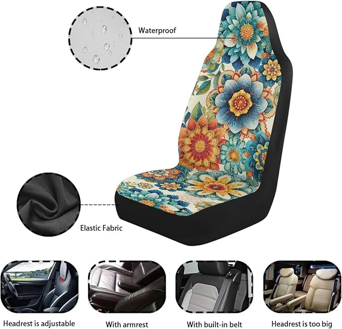 Hippie Flower Car Seat Covers 2 Pcs, Waterproof Universal Front Seat Protector, Easy to Install Automobile Interior Decorate Accessories Universal Fit for Car SUV Trucks