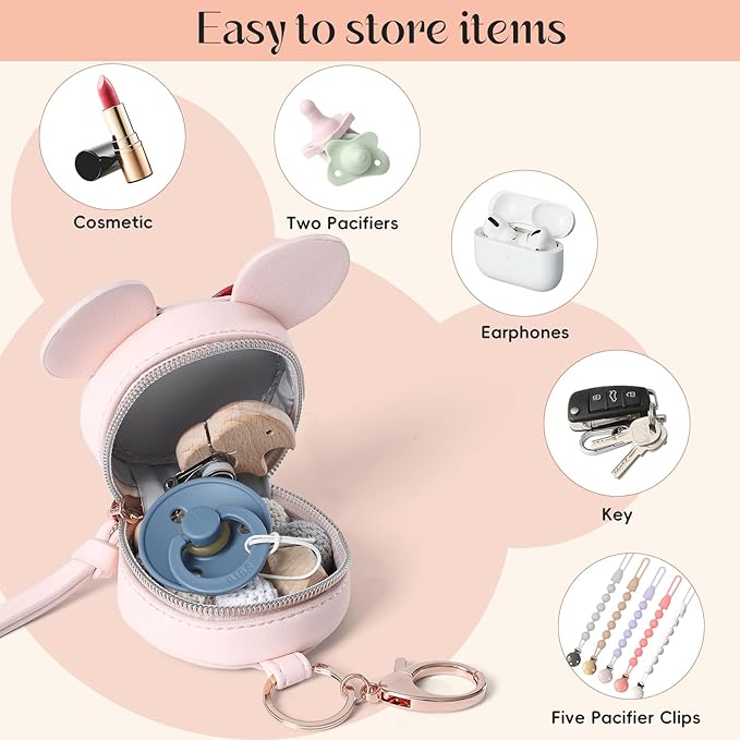 Miss Fong Pacifier Case with Clip, Holder Pouch Cover, Charm Pod with Clasp, Holds 2 Pacifiers or Nipple Shields (Bow Pink)