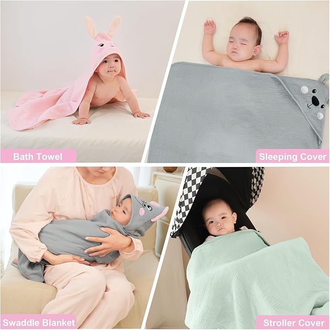 FIOBEE Hooded Baby Towels 100% Muslin Baby Bath Towels for Newborn with Animal Design Ultra-Soft and Absorbent Bath Essentials for Toddler, Unisex Girls Boys 30 x 30 inch, Gray Elephant