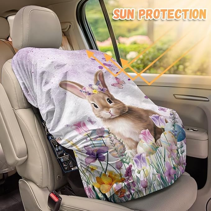 XYZCANDO Rabbit Print Car Seat Sun Cover for Baby Easter Print Summer Carseat Cover Protect from Sun/Hot Days Washable Baby Car Seat Shade Cover for UV Rays Protection Gift for Holiday