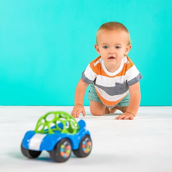 Bright Starts Oball Easy Grasp Rattle & Roll Toy Sports Car BPA-Free Infant Crawling Toy, 1 Pack, Age 3 Months and up, Blue/Green