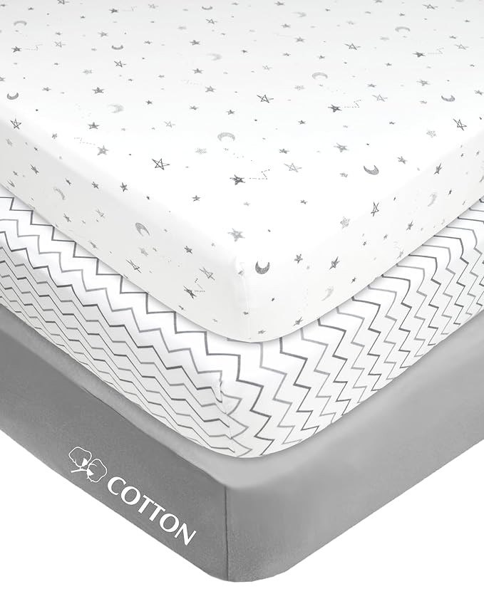 American Baby Company 3 Pack 100% Natural Cotton Fitted Pack and Play Sheets 39" x 27" - Soft & Breathable Pack N Play Sheets for Playard & Mini Crib Mattress, Gray Star/Zigzag, for Boys & Girls