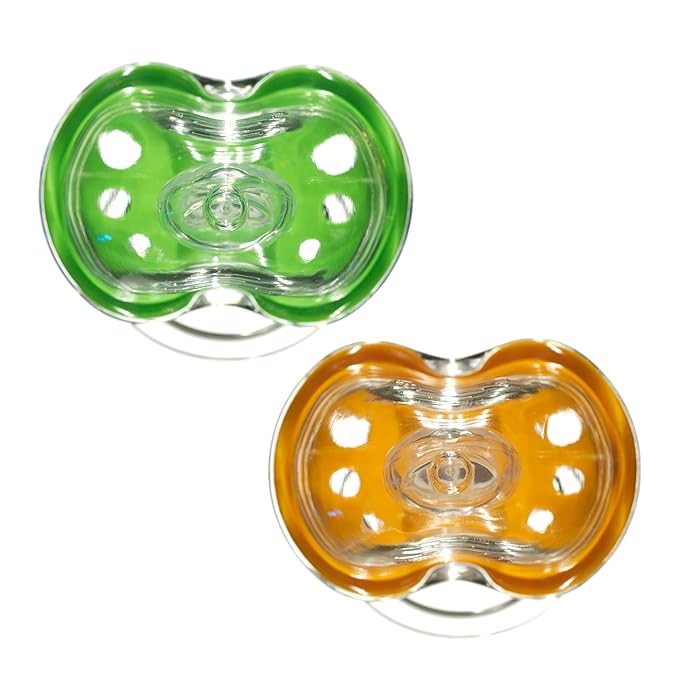 Playtex Baby Binky Orthodontic Pacifier with Snap-On Cover, Air Comfort Shield, Medical Grade Silicone, Up to 6 Months, Orange & Green (2 Count)