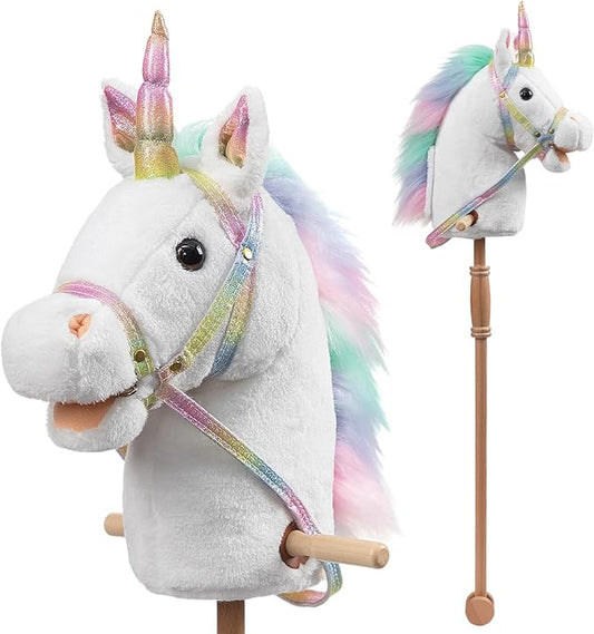 HollyHOME Unicorn Stick Horse with Wood Wheels Real Pony Neighing and Galloping Sounds Unicorn Hobby Horse with Rainbow Glitter Bridle, White 36 Inches(AA Batteries Required)