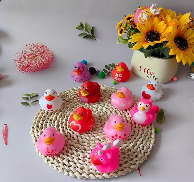 Assortment Rubber Duckies in Bulks Floater Duck Bath Toys Party Favors Classroom Incentives (Pink Valentine's Day Duck)