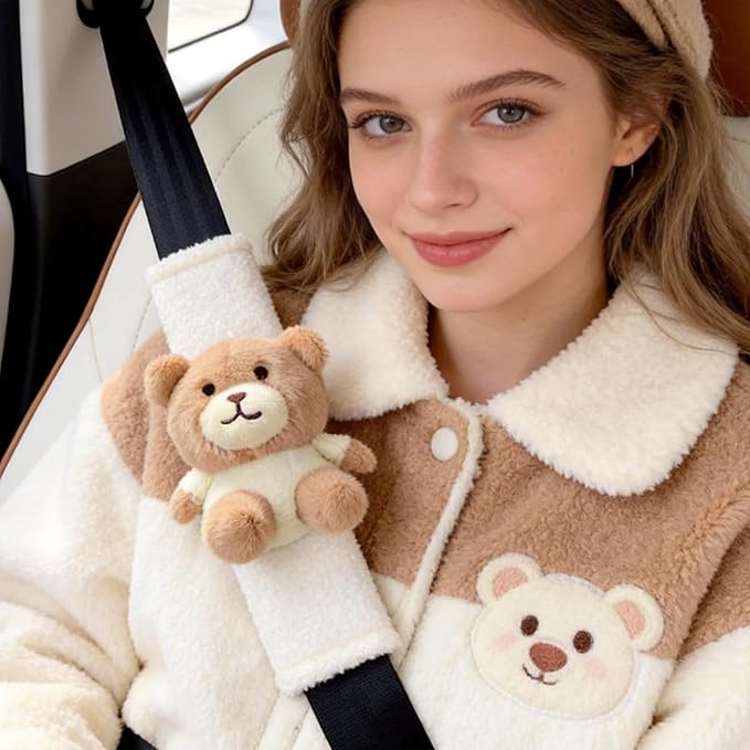 2 PCS Seat Belt Cover Pad, Cute Kawaii Animal Bear Seatbelt Covers for Kids and Adults, Winter Plush Fluffy Soft Seat Belt Cover, Cartoon Seatbelt Cushion,Car Seat Strap Pads (D-Bear)