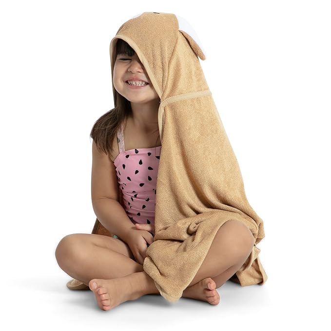Delta Children Kids Hooded Bath Towel with Pockets - Super Soft and Absorbent- Great Gift for Boys and Girls, Tan Dog