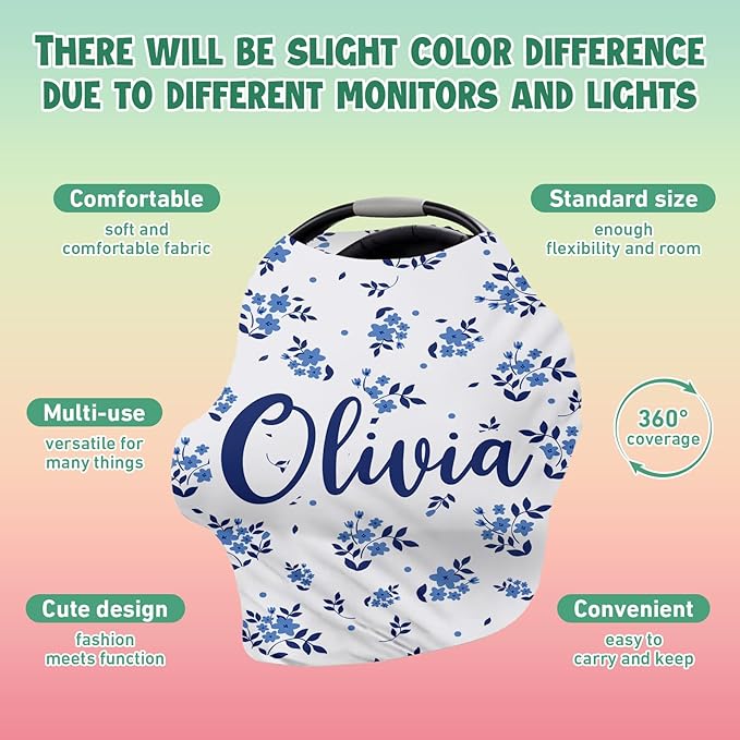 Personalised Car Seat Cover for Babies - Multi-use Carseat Canopy Cover with Name, Blue Theme Car Seat Covers, Christmas Birthday Gifts for Infant Boys and Girls