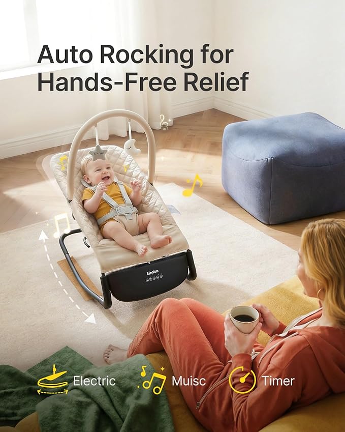 Electric Baby Bouncer Seat with Auto Rocking, 3-in-1 Infant Bouncer & Rocker Chair, Adjustable Height, Battery or Plug-in Powered, Music & Play Bar, Portable Baby Bouncer for Babies 0-12 Months